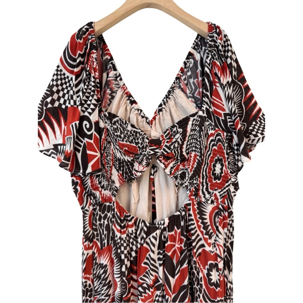 By Anthropologie XL Tiered Maxi Dress Red Pattern Short Sleeve V-Neck‎ Buttons - Picture 7 of 15